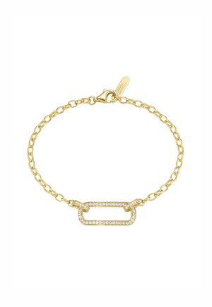Gold chain bracelet featuring a rectangular link adorned with clear crystals, textured links, and a lobster claw clasp.
