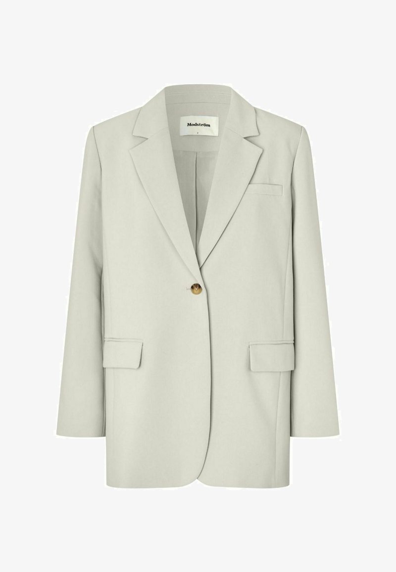Blazer gris clair à un bouton avec revers crantés, deux poches à rabat, une poche poitrine passepoilée et manches longues.