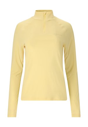 Pull-over manches longues pour femme de couleur jaune pâle, avec fermeture éclair au quart et col montant, fabriqué en tissu léger.