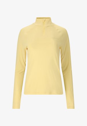 Pull-over manches longues pour femme de couleur jaune pâle, avec fermeture éclair au quart et col montant, fabriqué en tissu léger.