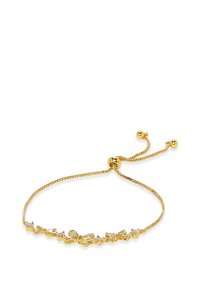 Gold bracelet with a flexible chain, featuring small bow and crystal accents. Adjustable slider clasp with two decorative gold beads.