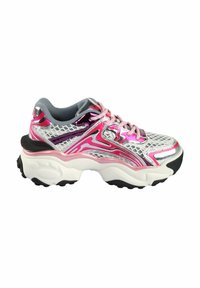 Sport shoe with a silver mesh upper, pink accents, and reflective details. Features a thick white midsole and black rubber outsole.