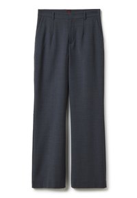 Pantalon de costume droit gris foncé avec passants de ceinture, poches latérales et fermeture éclair à l'avant sur fond blanc.