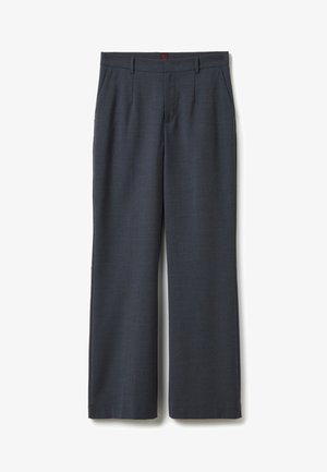 Pantalon de costume droit gris foncé avec passants de ceinture, poches latérales et fermeture éclair à l'avant sur fond blanc.