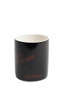 Tazza in ceramica nera con una finitura lucida, con testo rosso: "GIURO CHE NON HO BUONE INTENZIONI" e "Harry Potter" alla base.