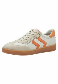 Sneakers made of beige suede and white leather with orange stripes. Features laces, a side zipper, and a rubber sole.