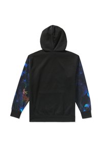 Felpa nera con cappuccio caratterizzata da una stampa floreale colorata sulle maniche, realizzata in un morbido tessuto e dotata di tasca a marsupio e cappuccio regolabile con cordino.