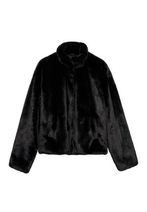 Black faux fur jacket with a soft texture, high collar, and front closure. Features long sleeves and a cropped silhouette.