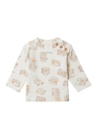 Beige Langarmshirt für Kleinkinder mit Druck von Vintage-Kamera und Ferngläsern, ausgestattet mit drei Holzknöpfen am Ausschnitt.