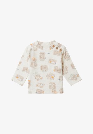 Beige Langarmshirt für Kleinkinder mit Druck von Vintage-Kamera und Ferngläsern, ausgestattet mit drei Holzknöpfen am Ausschnitt.