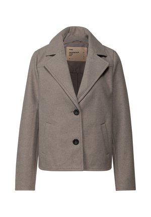 Veste en laine grise mélangée avec revers crantés, fermeture à bouton, deux poches avant et une coupe mi-longue. Texture lisse, design minimaliste.