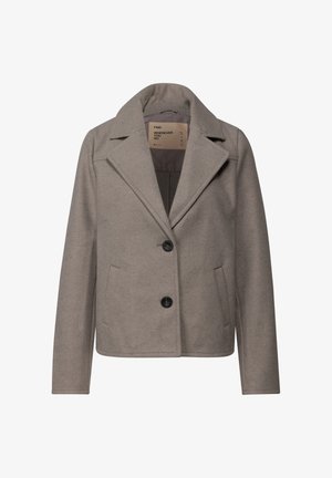 Šedá vlnená bunda s klopovými límci, zapínáním na knoflík, dvěma předními kapsami a polodlouhým střihem. Hladká textura, minimalistický design.
