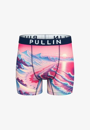 Caleçons boxers colorés avec un motif de montagne et d'océan dans des nuances de rose, bleu et violet. Dispose d'une taille marine avec le logo "PULLIN".