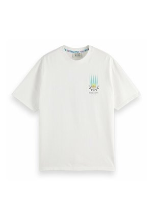 White cotton t-shirt with short sleeves, featuring a colorful graphic print of a sun and stylized rays on the left chest area.