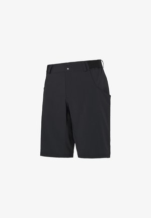 Shorts noirs en matériau léger, avec une coupe plate à l'avant, deux poches latérales et une taille texturée.