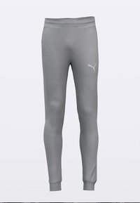 Sive atletske hlače s zoženim krojem, elastičnim pasom, rebrastimi manšetami in majhnim belim logotipom Puma na levi stegni.