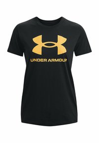 Zwart T-shirt met korte mouwen en een grote gele Under Armour-logo en tekst gecentreerd op de borst.