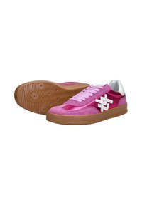 Pink sneakers made of smooth and textured materials. Features a white logo, pink laces, and a gum rubber sole with a patterned bottom.
