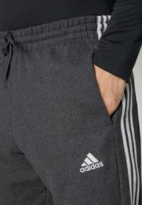 Sive športne hlače z vrvico v pasu, stranskimi žepi in tremi belimi črtami ob straneh. Logotip Adidas je prikazan v belem.