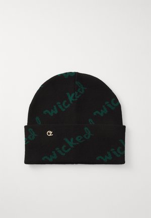 Black knit beanie with green text pattern that reads "wicked." Features a small gold logo accent on the cuff. Soft texture.