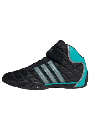 Schwarzer synthetischer High-Top-Schuh mit gestepptem Muster, silbernen Streifen, türkisfarbenen Akzenten und einem Klettverschluss zur Einstellung.