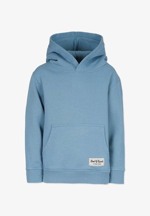 Lyseblå hoodie lavet af blødt stof, med en stor frontlomme, ribbede ærmer og hætte med snørelukning. Brandmærke på kanten.