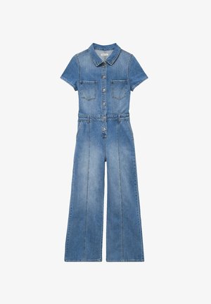 Korte mouwen denim jumpsuit met knopen aan de voorkant, kraag, borstzakken, lussenzakje en broek met wijde pijpen in een medium blauwe wassing.
