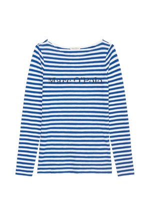 Long-sleeve shirt in blue and white horizontal stripes, featuring a round neckline and a printed logo across the chest. Soft fabric texture.