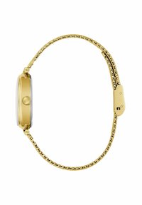 Orologio da polso in tonalità oro con cassa rotonda, cinturino in oro strutturato e vetro liscio. Presenta una corona rotonda e un dettaglio di chiusura a scorrimento.