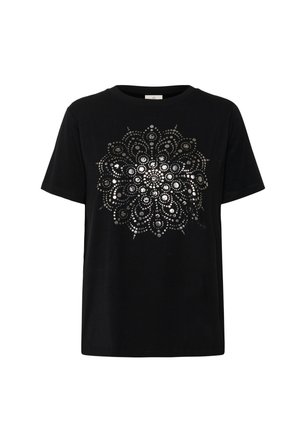 T-shirt en coton noir avec un motif mandala décoratif métallique au centre. Manches courtes et décolleté rond avec une coupe décontractée.