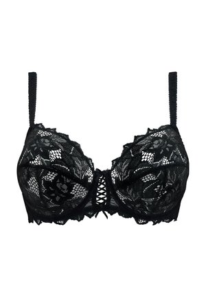 Zwarte kanten beha met bloemmotieven, verstelbare bandjes en een kleine strik aan de voorkant in het midden.