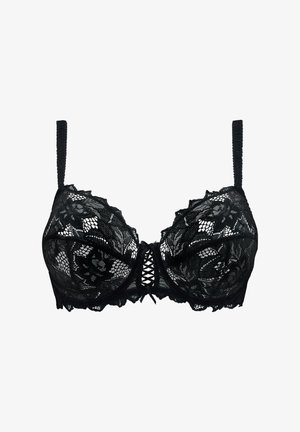 Reggiseno in pizzo nero con motivi floreali, spalline regolabili e un piccolo fiocco al centro anteriore.
