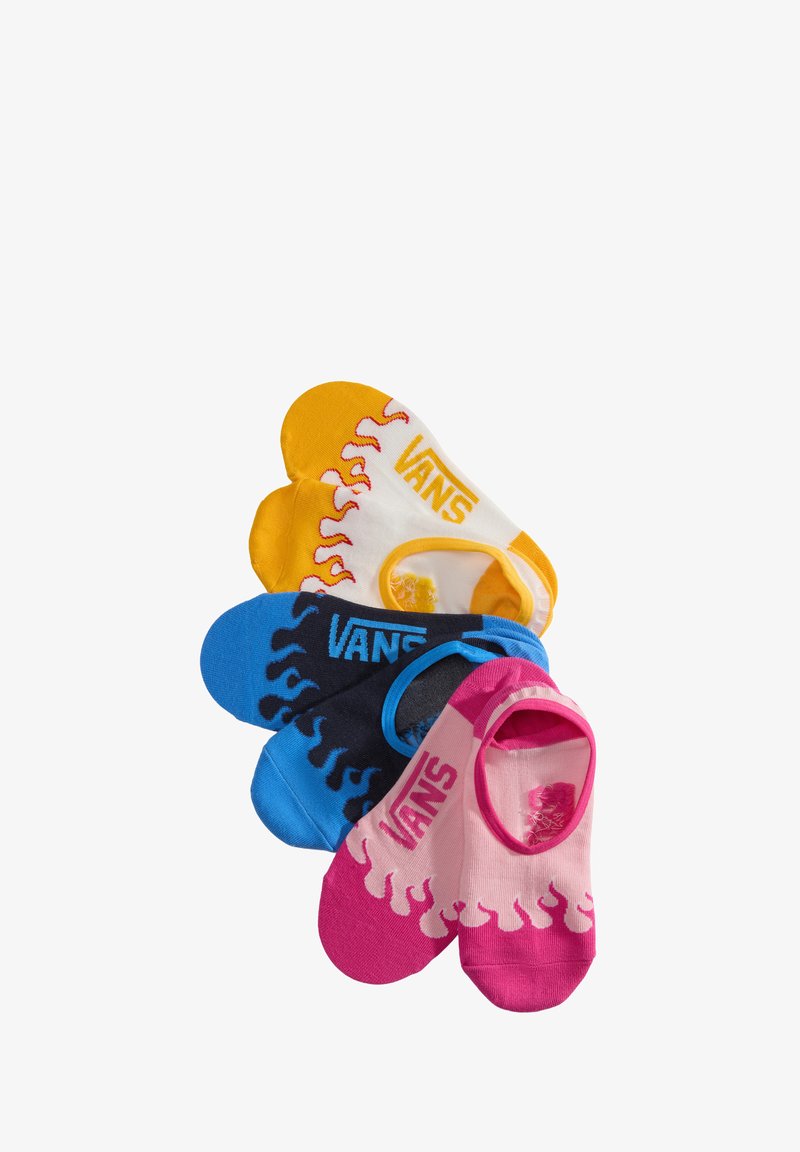 Conjunto de cinco calcetines invisibles en varios colores: amarillo, blanco, azul, negro y rosa. Cada uno presenta diseños de llamas y la marca "VANS".