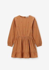 Robe marron à manches longues en tissu doux, avec une taille froncée et des accents orange brodés, dotée d'un ourlet évasé et d'une fermeture éclair dans le dos.