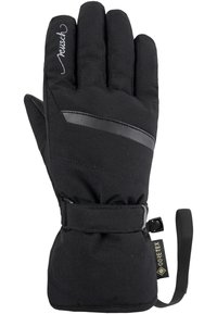 Black waterproof glove featuring a padded material, adjustable wrist strap, and a textured panel with a smooth accent stripe.