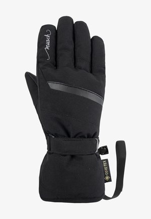 Schwarze wasserdichte Handschuhe mit gepolstertem Material, verstellbarem Handgelenkband und einer strukturierten Fläche mit einem glatten Akzentstreifen.