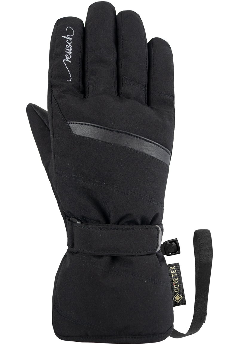 Black waterproof glove featuring a padded material, adjustable wrist strap, and a textured panel with a smooth accent stripe.