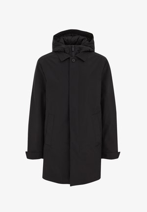 Fekete külső dzseki kapucnival, elöl cipzárral és gombos záródással, két oldalsó zsebbel, sima, textúrált anyagból.