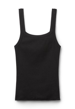 Top negro sin mangas con textura acanalada. Presenta tirantes anchos y un diseño simple y ajustado. Sin patrones adicionales ni adornos.
