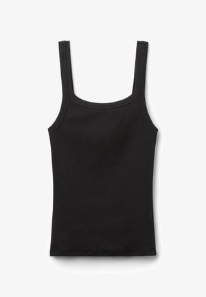 Black tank top with a ribbed texture. Features wide shoulder straps and a simple, fitted design. No additional patterns or embellishments.