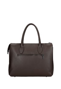 Brown leren handtas met een gestructureerde oppervlakte, dubbele handvatten en een voorste ritszak. Rechthoekige vorm met afgeronde hoeken.