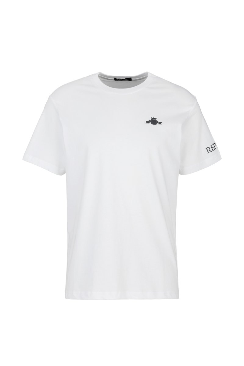 Witte katoenen t-shirt met een zwart logo op de borst en het woord "REP" in zwart op de mouw. Korte mouwen, ronde hals ontwerp.