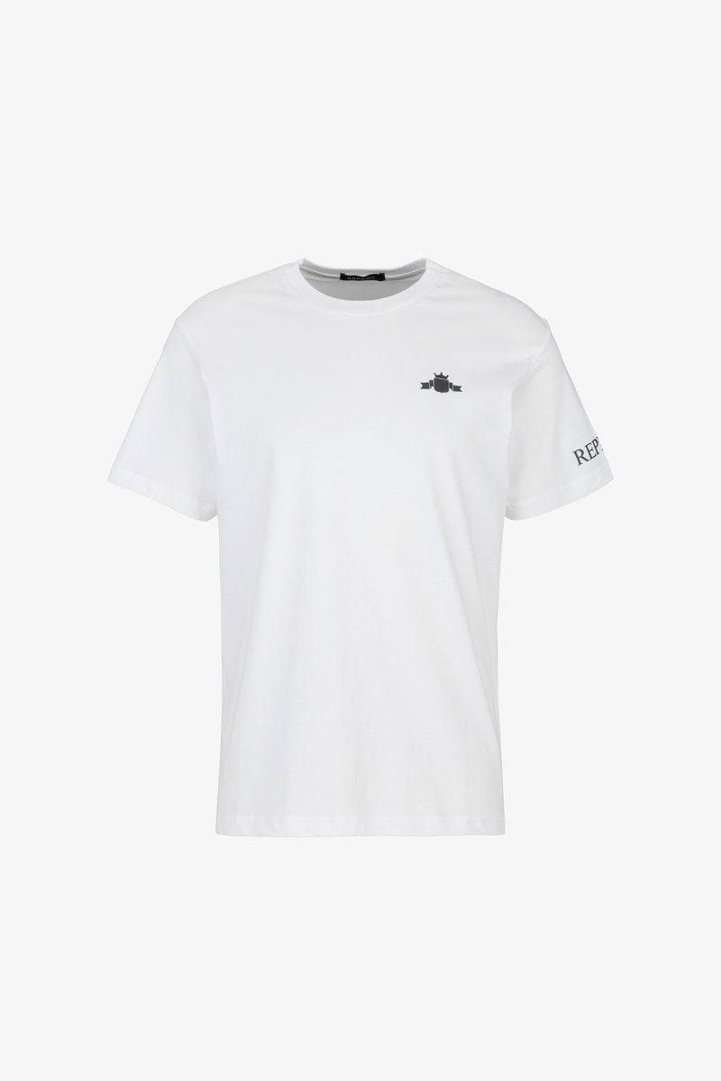 Weißes Baumwoll-T-Shirt mit einem schwarzen Logo auf der Brust und dem Wort "REP" in Schwarz auf dem Ärmel gedruckt. Kurze Ärmel, Rundhalsausschnitt.
