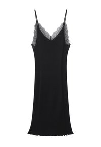 Robe noire sans manches en maille côtelée avec bordure en dentelle le long de l'encolure en V et dans le dos, avec fines bretelles et un ourlet légèrement évasé.
