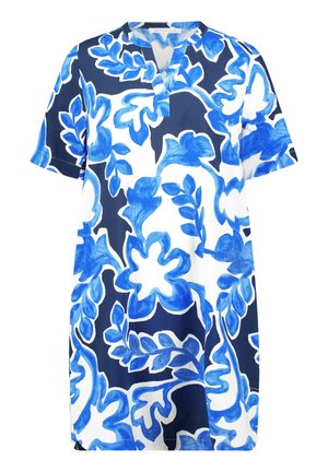 Lockeres kurzärmeliges Kleid mit blau-weißem abstraktem Blumenmuster und V-Ausschnitt.