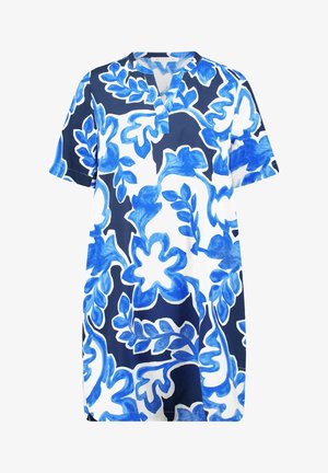 Lockeres kurzärmeliges Kleid mit blau-weißem abstraktem Blumenmuster und V-Ausschnitt.