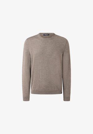 Brązowy sweter dziany z długimi rękawami i okrągłym dekoltem, wykonany z miękkiego materiału, z ribbowanym wykończeniem u dołu i przy rękawach.