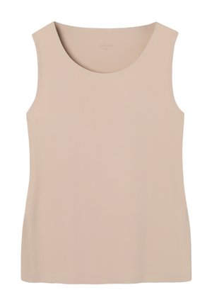 Beżowa bezrękawnikowa koszulka na ramiączkach z zaokrąglonym dekoltem i gładką teksturą, rozmiar mały-średni.