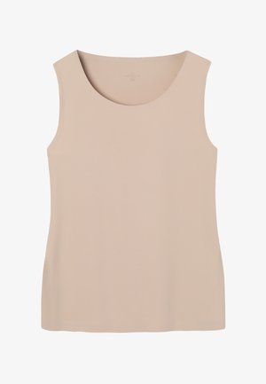 Beżowa bezrękawnikowa koszulka na ramiączkach z zaokrąglonym dekoltem i gładką teksturą, rozmiar mały-średni.