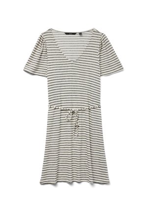 Robe à manches courtes rayée en tissu léger. Dotée d'un décolleté en V, d'une taille cintrée avec cordon de serrage, et de rayures noires et blanches alternées.